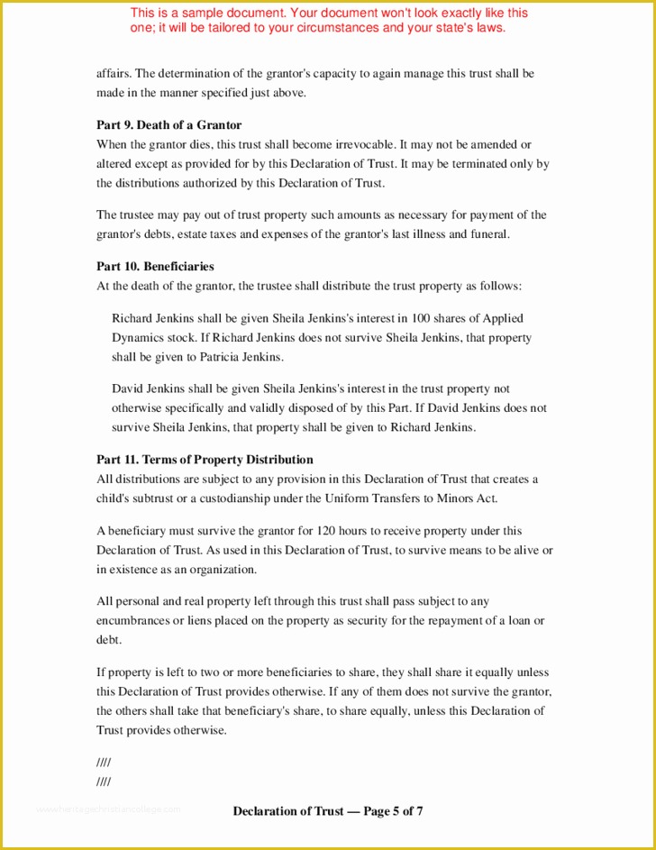 Free Declaration Of Trust Template Of Living Trust Template Free Download