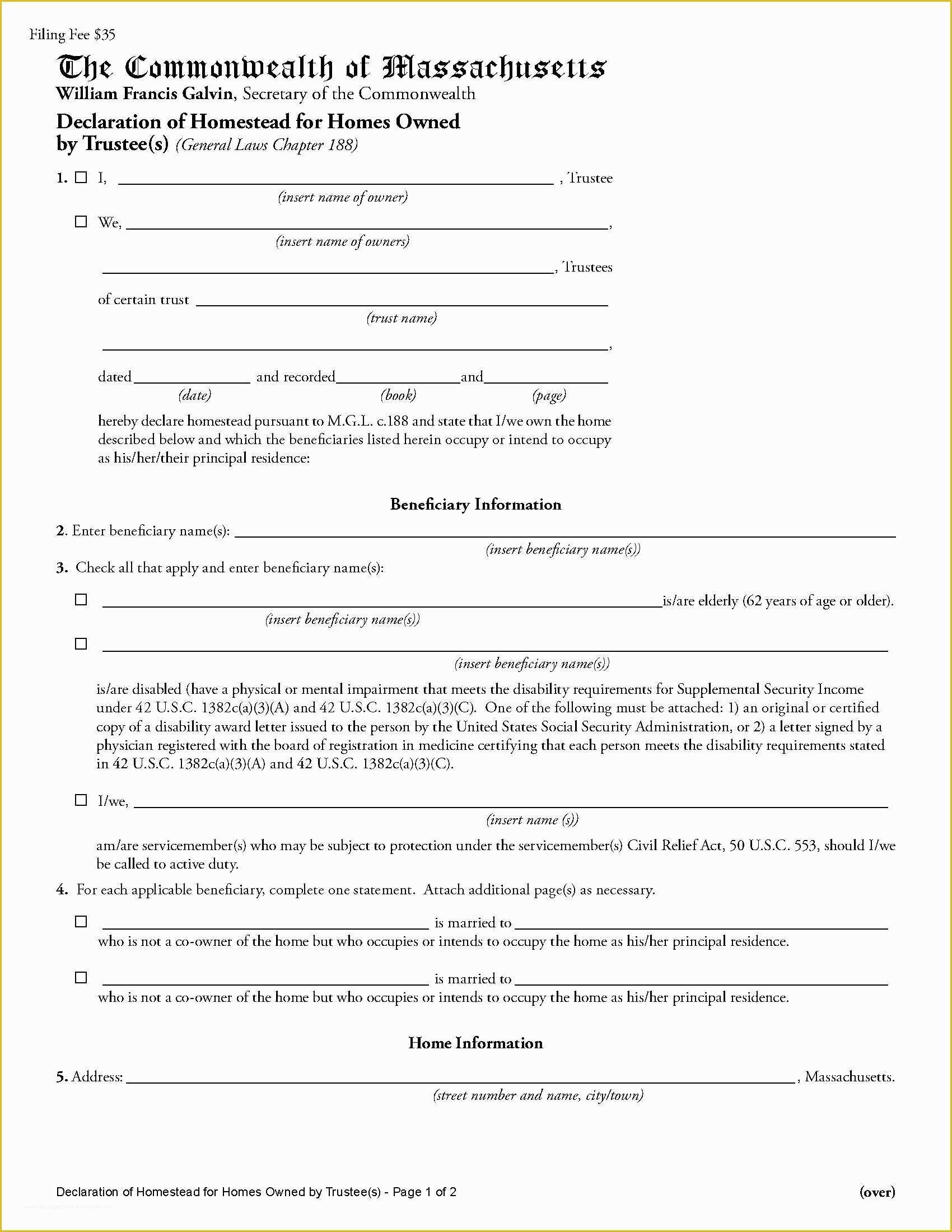 Free Declaration Of Trust Template Of Massachusetts Homestead Declaration for Trustees