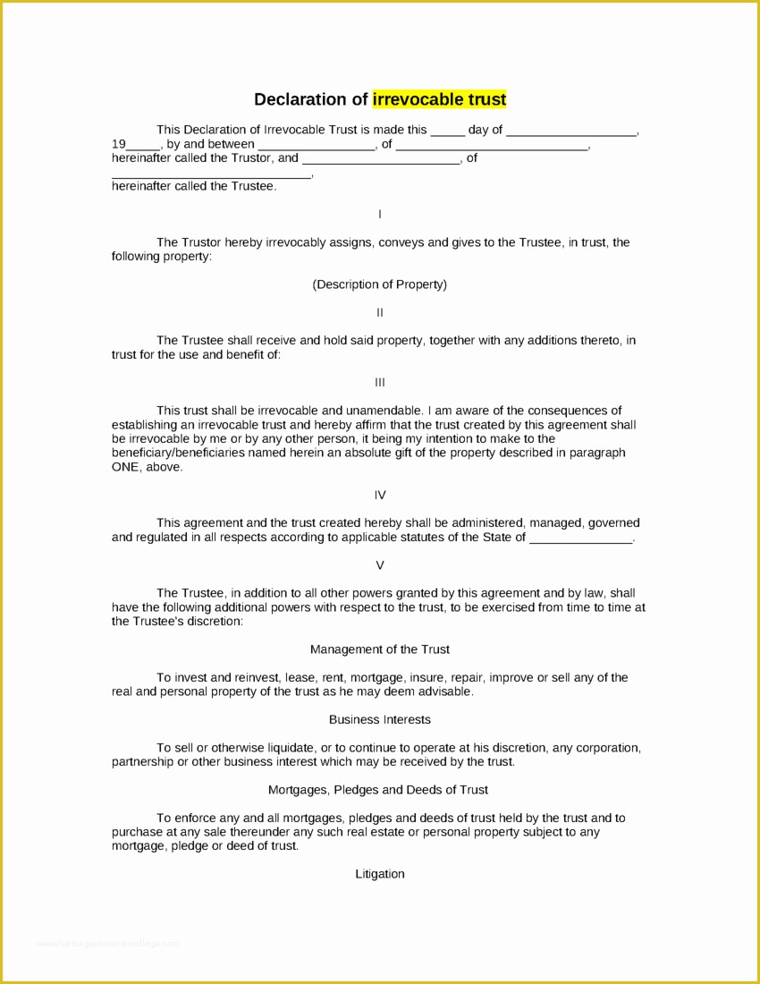 Free Declaration Of Trust Template Of Sample Declaration Of Irrevocable Trust form