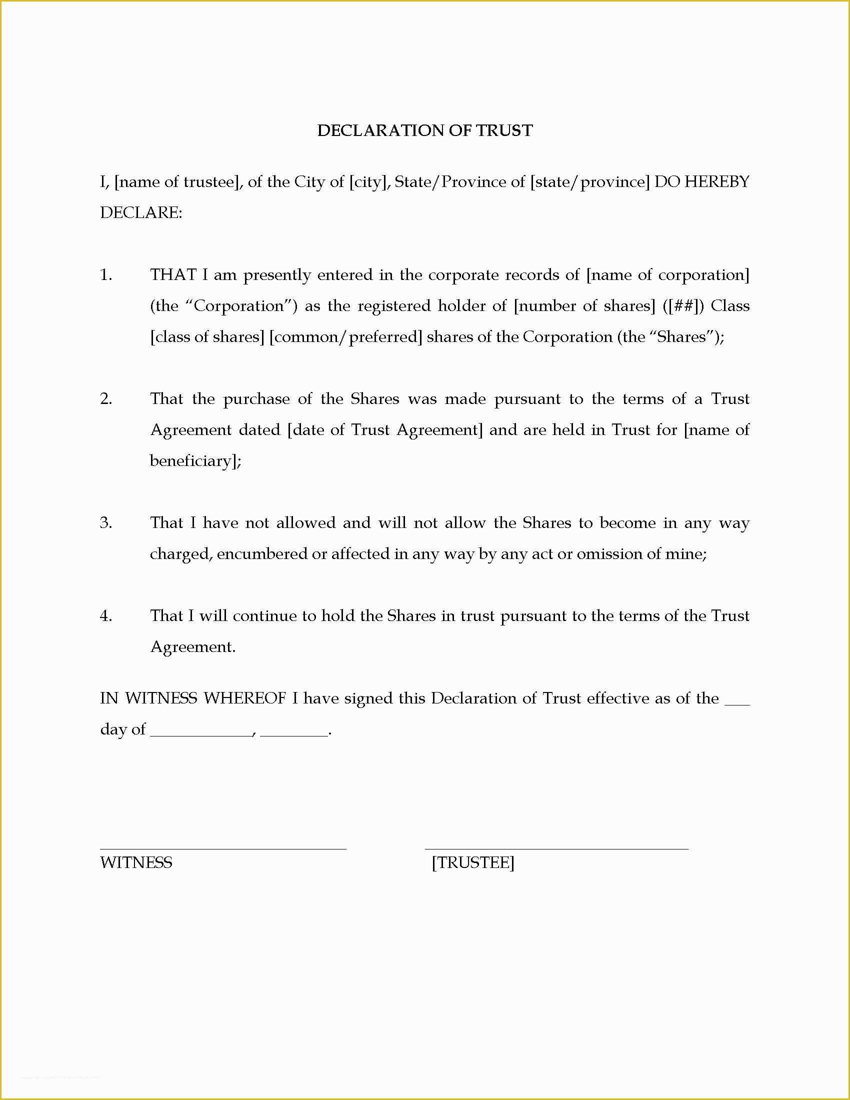 Free Declaration Of Trust Template Of Trust Declaration for Holding S