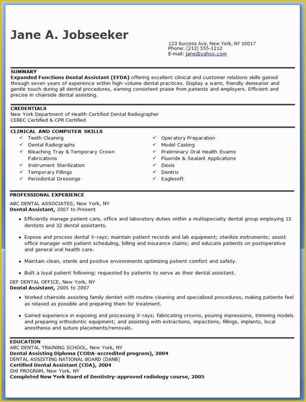Free Dental Resume Templates Of Resume format Dental assistant Resume Templates
