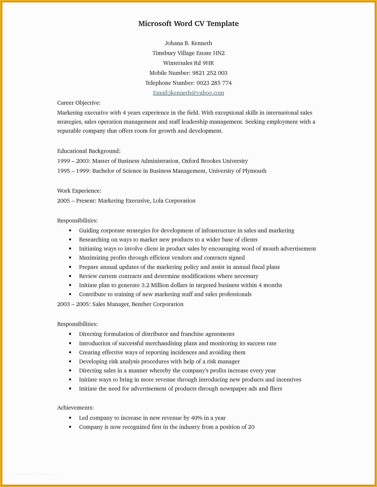 Free Doc Resume Templates Of 17 Cv format In Word Doc