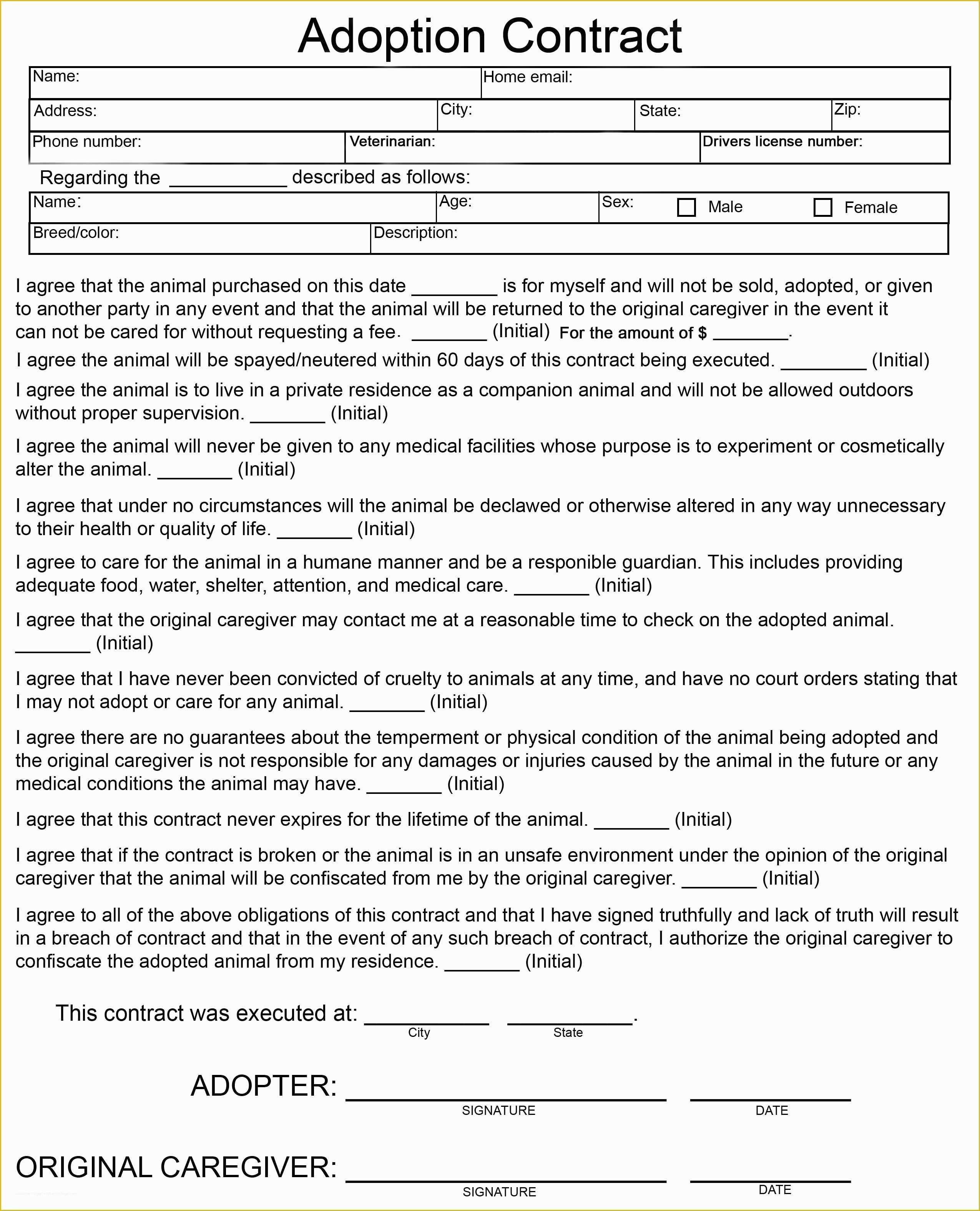 Free Dog Training Contract Template Of Adoption Contract