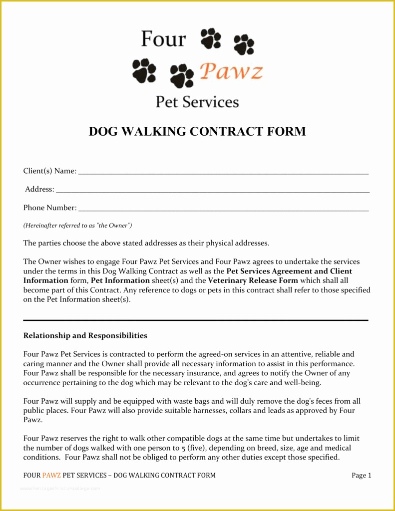 Free Dog Training Contract Template Of Dog Walking form Papel Lenguasalacarta