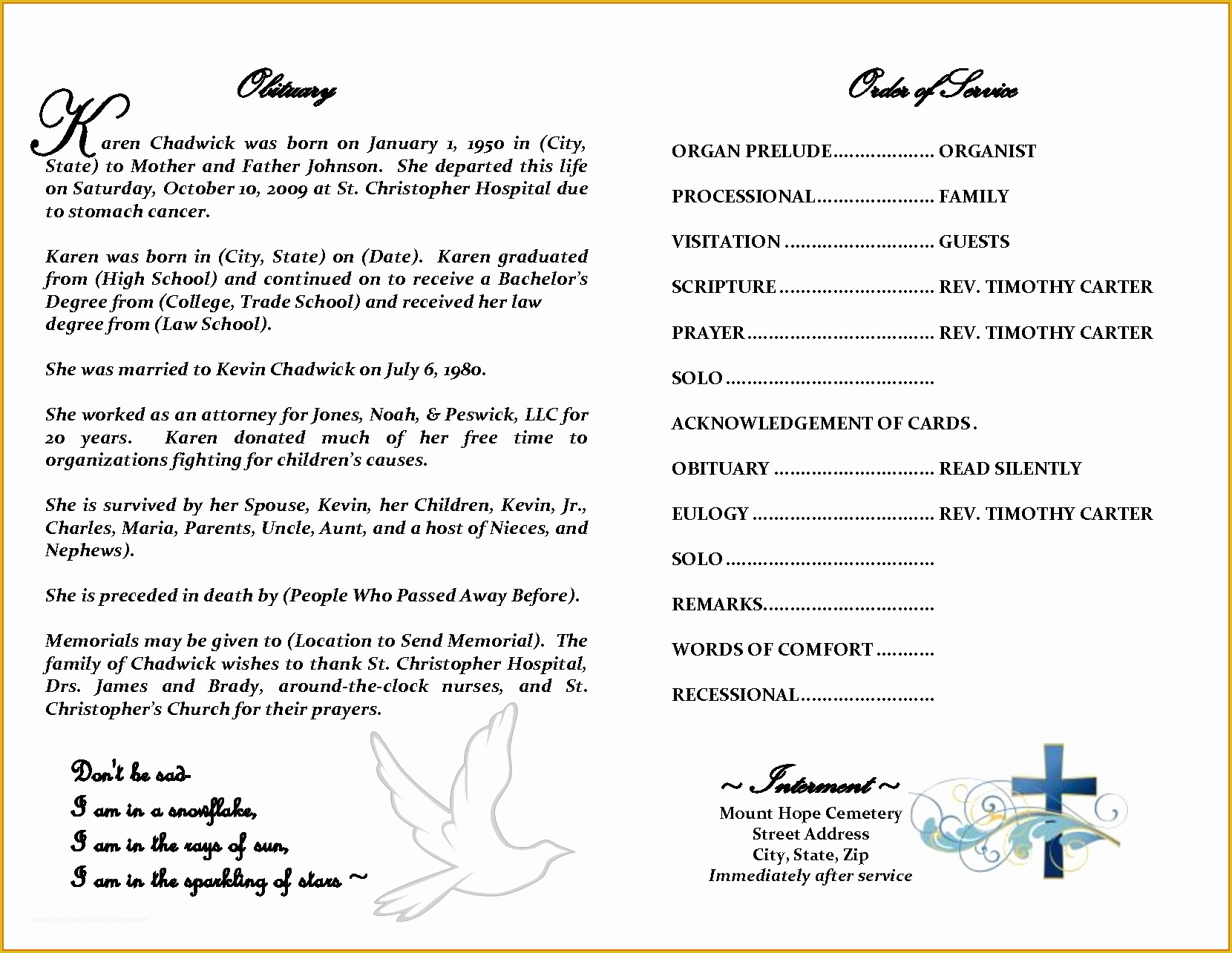 Free Downloadable Obituary Program Templates Of 6 Sample Obituary Templatesreference Letters Words