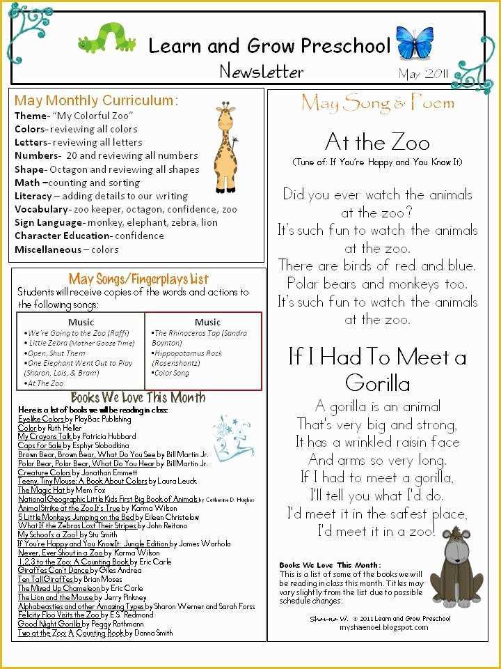 Free Downloadable Preschool Newsletter Templates Of Learn and Grow Designs Website Zoo themed Preschool
