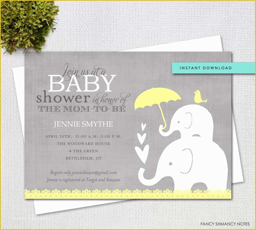 Free Editable Baby Shower Invitation Templates Of Editable Baby Shower Invitation Yellow and Grey Elephant