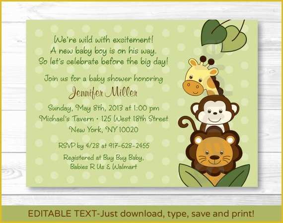 Free Editable Baby Shower Invitation Templates Of Jungle Animals Safari Friends Printable Baby Shower