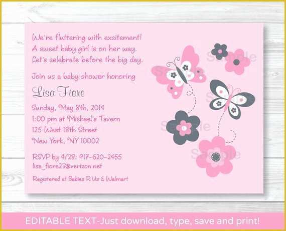 Free Editable Baby Shower Invitation Templates Of Pink Gray butterfly Flowers Printable Baby Shower