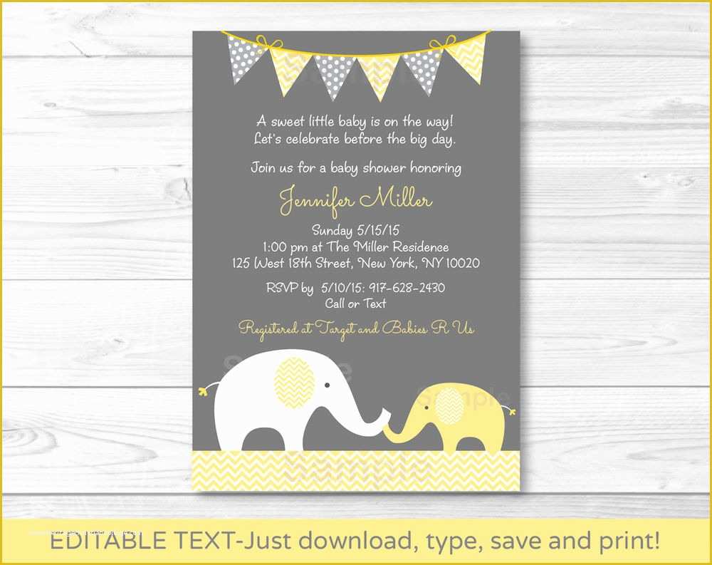Free Editable Baby Shower Invitation Templates Of Yellow Chevron Elephant Mom & Baby Printable Baby Shower