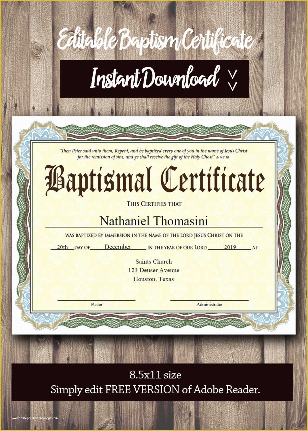 Free Editable Baptism Certificate Template Of Baptism Certificate Template Pdf Adobe Reader Editable File