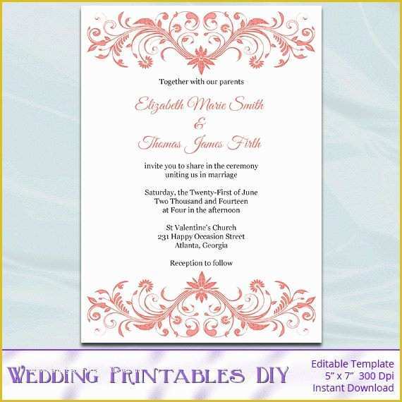 Free Editable Invitation Templates Of Coral Wedding Invitation Template Diy Printable Bridal