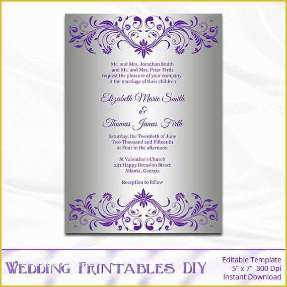 Free Editable Wedding Invitation Templates Of Diy Purple and Silver Foil Wedding Invitation Template