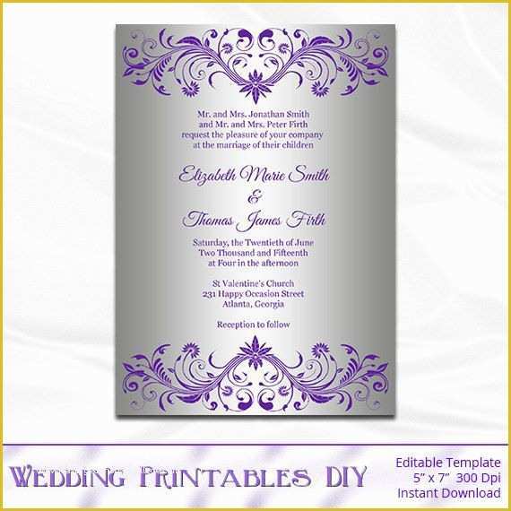 Free Editable Wedding Invitation Templates Of Diy Purple and Silver Foil Wedding Invitation Template