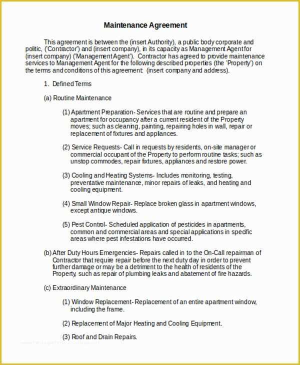 Free Electrical Service Contract Template Of Maintenance Agreement Templates 9 Free Word Pdf format
