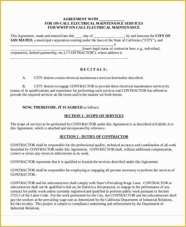 Free Electrical Service Contract Template Of Maintenance Agreement Templates 9 Free Word Pdf format