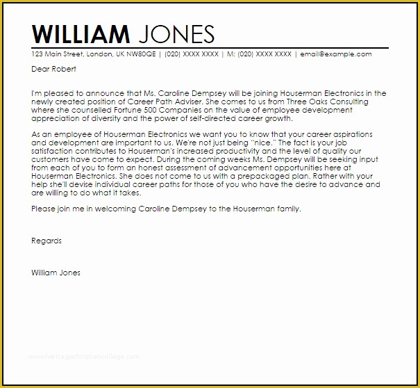 Free Email Announcement Template Of New Employee Announcement Letter Example