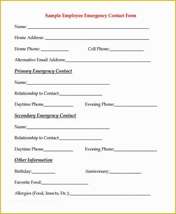 Free Emergency Contact form Template for Employees Of 32 Emergency Contact form Example