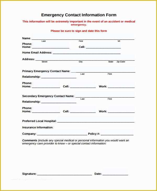 Free Emergency Contact form Template for Employees Of 7 Best Of ...