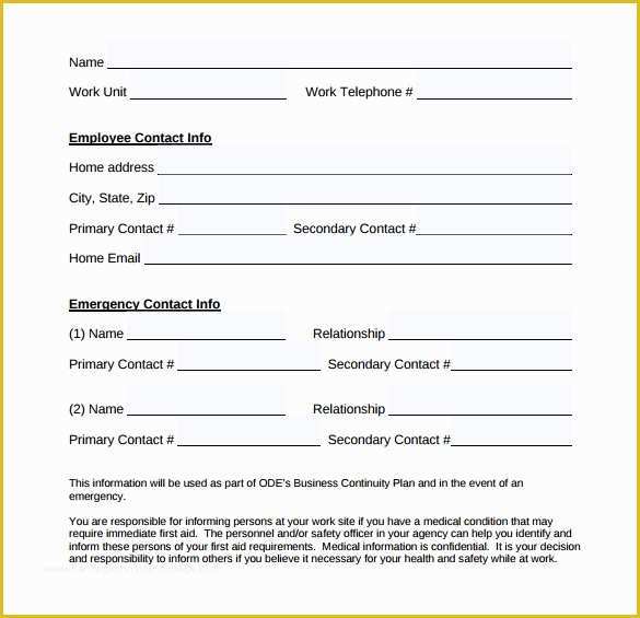 free emergency contact form template for employees of 7 best of