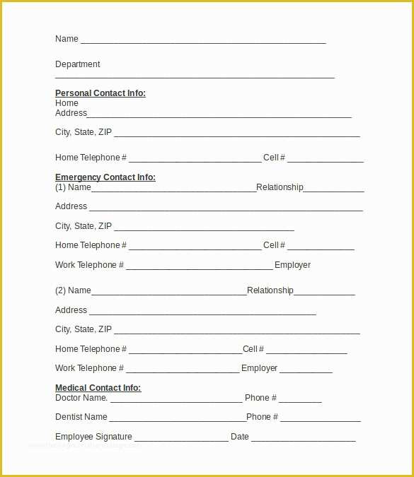 Free Emergency Contact form Template for Employees Of Emergency Contact forms 11 Download Free Documents In