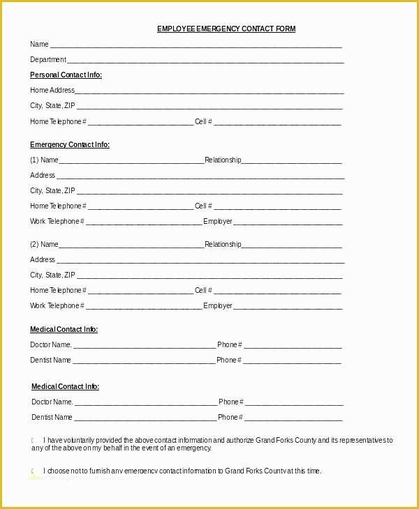 Free Emergency Contact form Template for Employees Of Emergency form Template Emergency Contacts form Templates