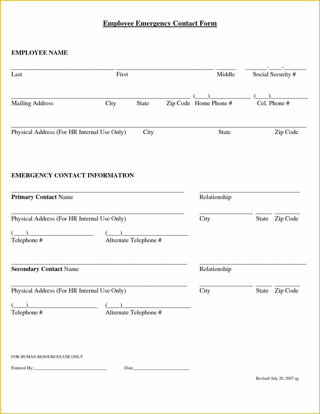 Free Emergency Contact form Template for Employees Of Employee Emergency Contact Printable form to Pin