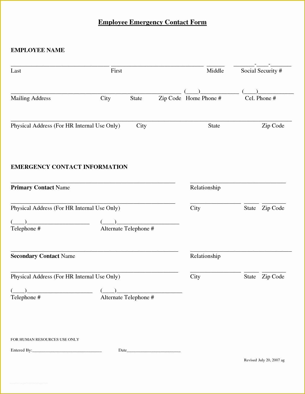 Free Emergency Contact Form Template For Employees Of 7 Best Of Printable Employee Emergency