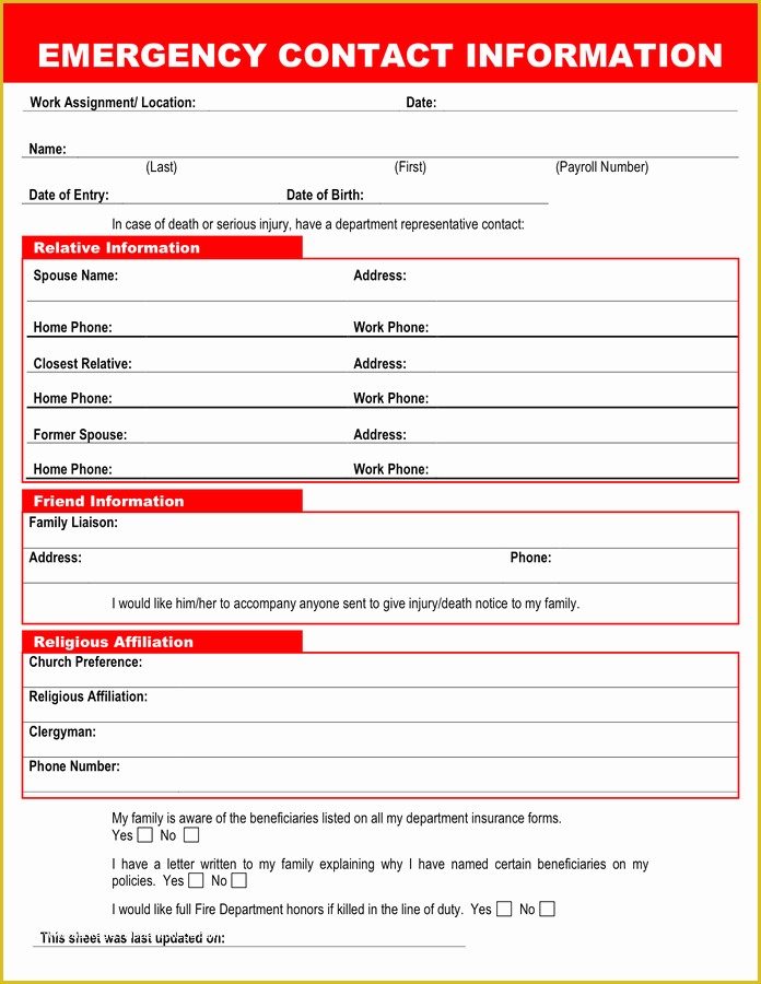 Free Emergency Contact form Template for Employees Of Employee Emergency Contact Printable form to Pin