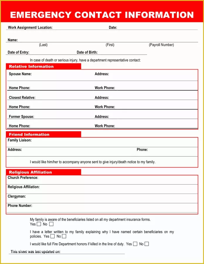 Free Emergency Contact form Template for Employees Of Employee Emergency Contact Printable form to Pin