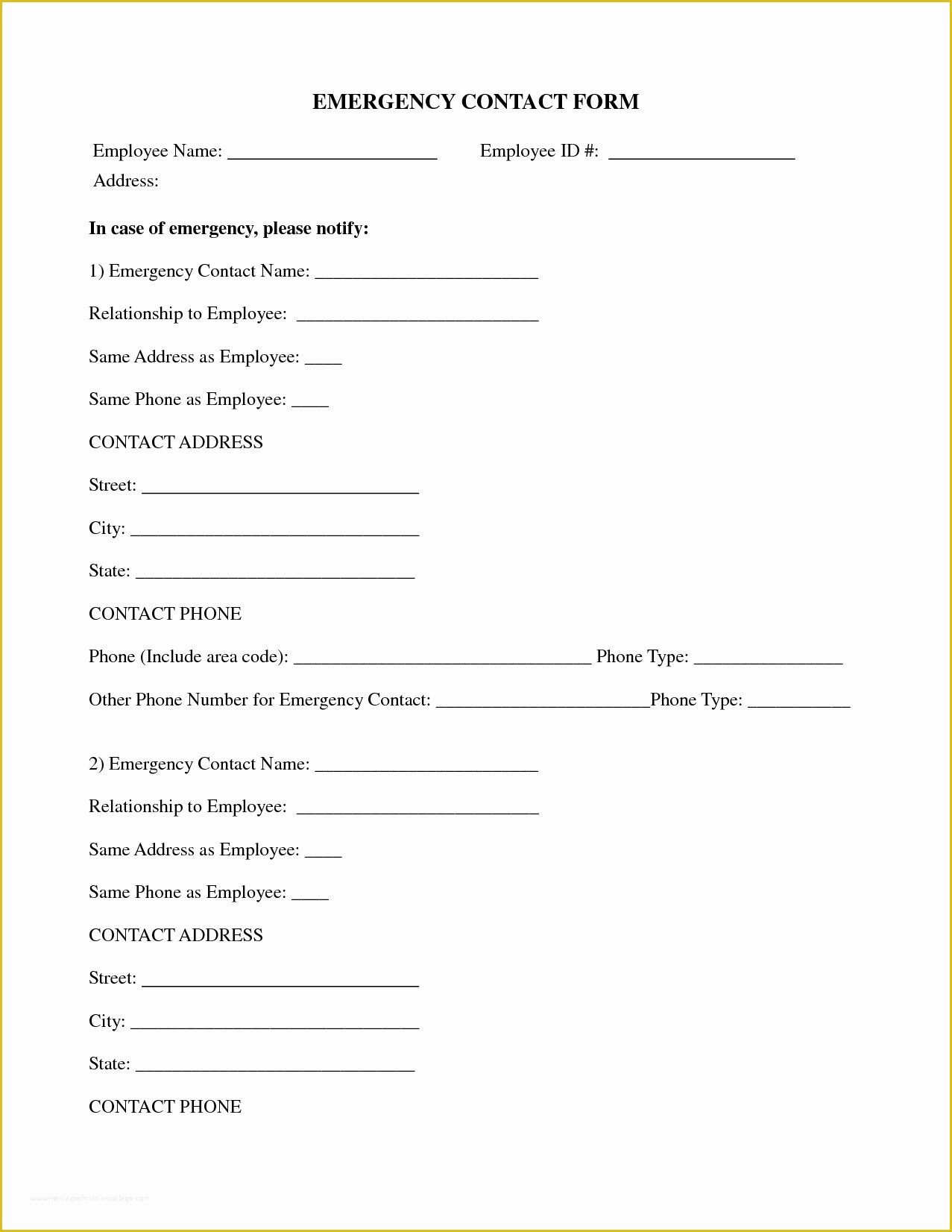 Free Emergency Contact form Template for Employees Of Employee Emergency Contact Printable form to Pin