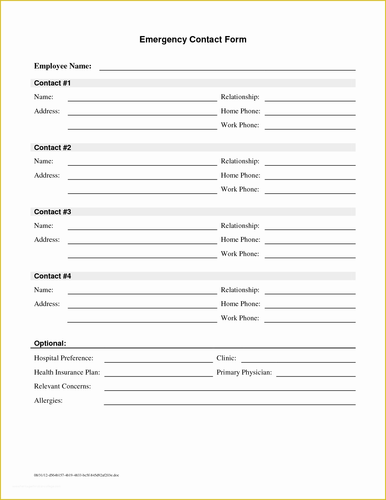 Free Emergency Contact form Template for Employees Of Employee Emergency Contact Printable form to Pin