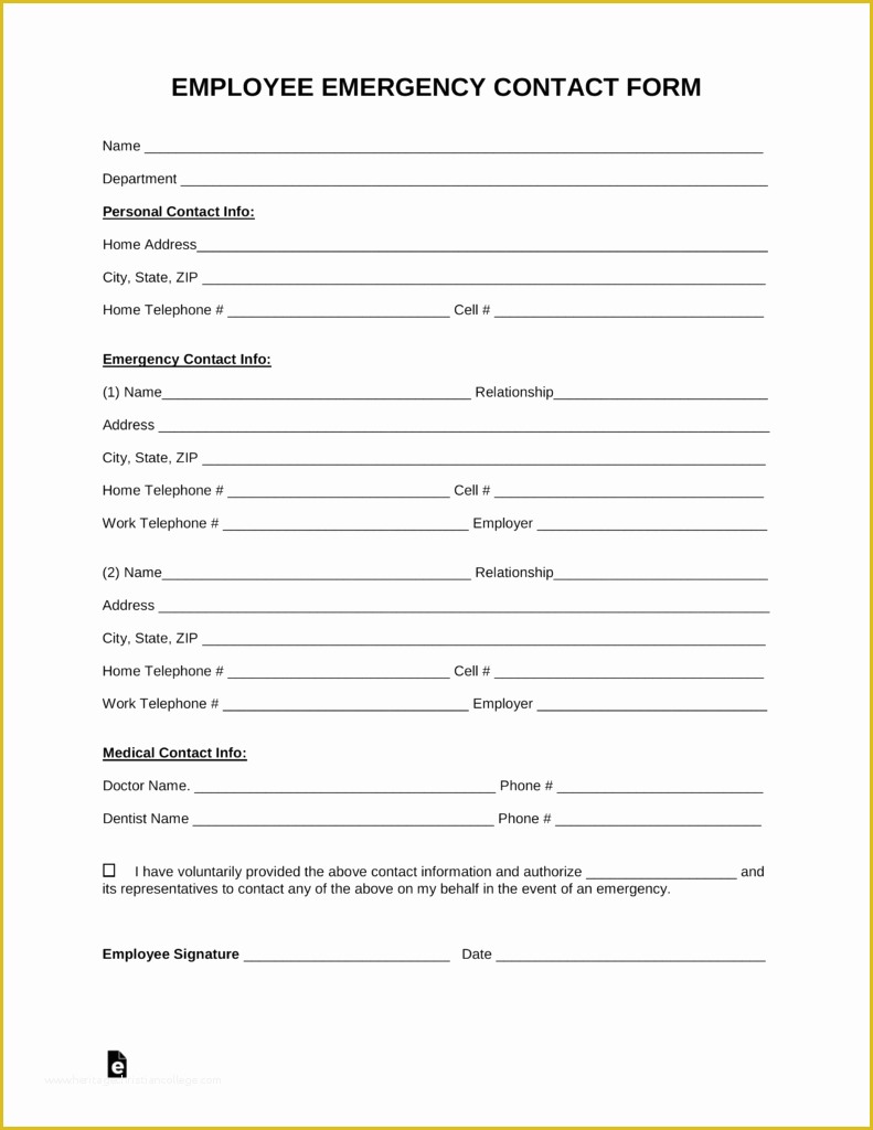 Free Emergency Contact form Template for Employees Of Free Employee Emergency Contact form Pdf Word