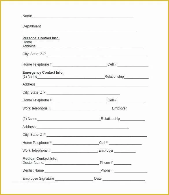 Free Emergency Contact form Template for Employees Of Sample Emergency Contact form Employment Template