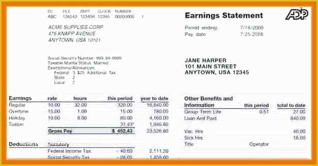 Free Employee Earnings Statement Template Of 8 9 Pay Stub Canada