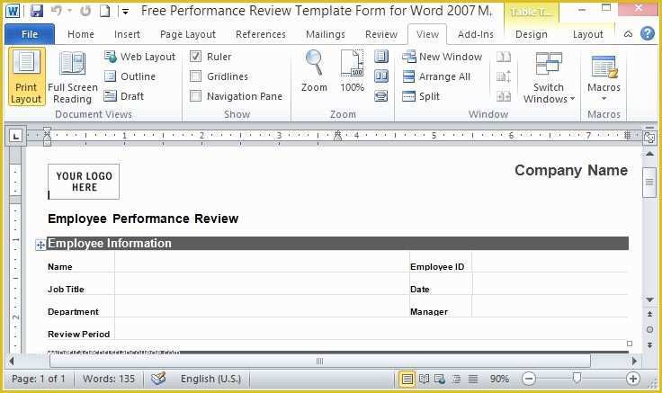 Free Employee Evaluation Template Word Of Free Performance Review Template form for Word 2007