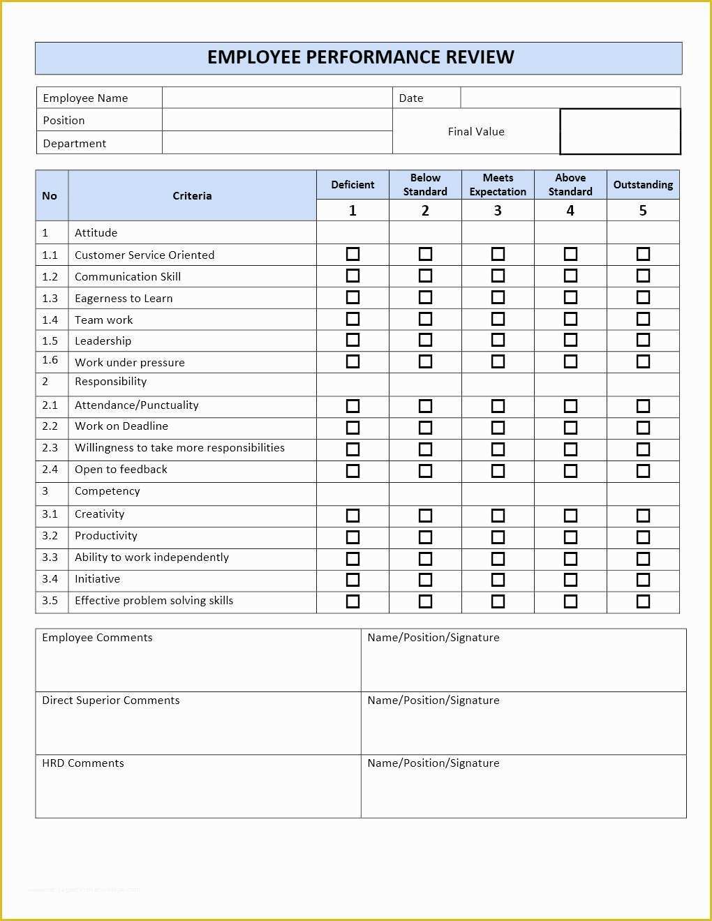 Free Employee Review Template Of Employee Performance Review form