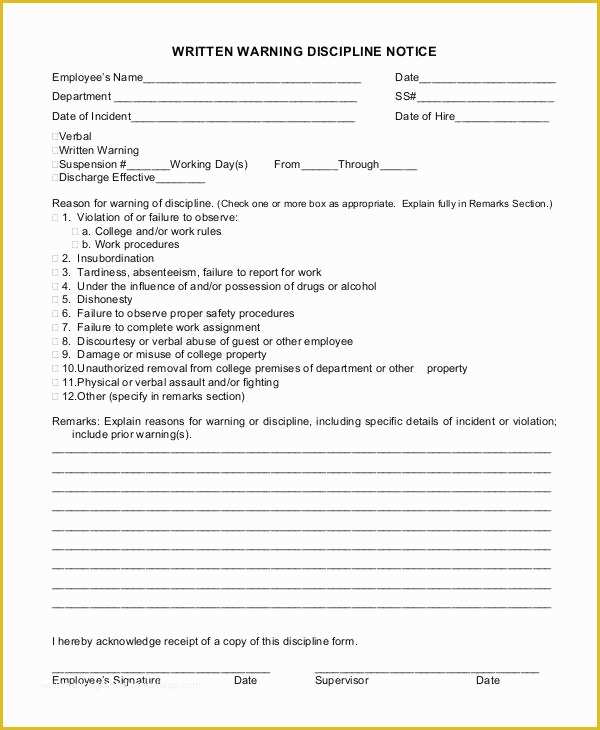 Free Employee Warning Notice form Template Of Employee Discipline form 6 Free Word Pdf Documents