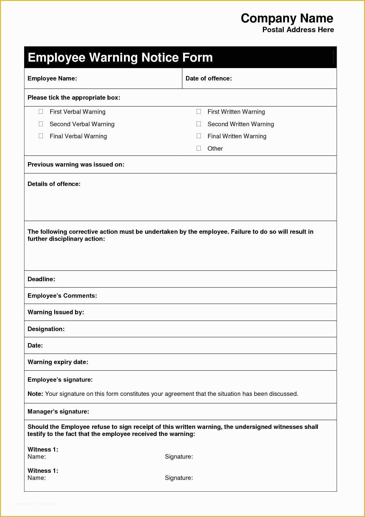 Free Employee Warning Notice form Template Of Employee Warning Letter Template
