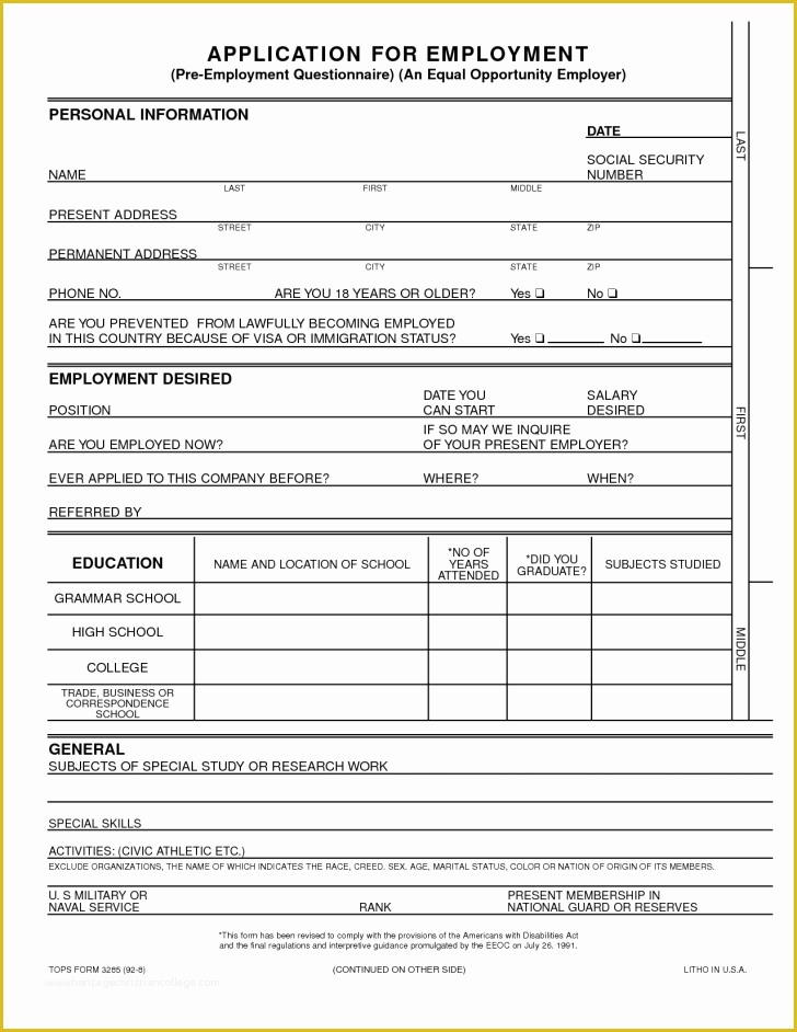 Free Employment Application Template California Of Application Generic Application for Employment