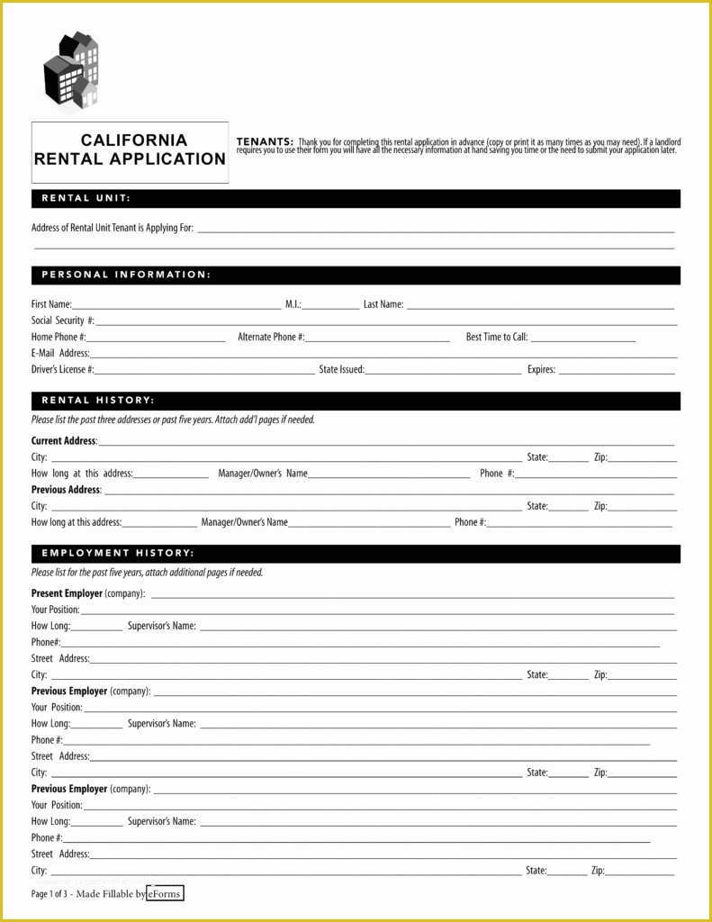 Free Employment Application Template California Of Free California Rental Application form Pdf