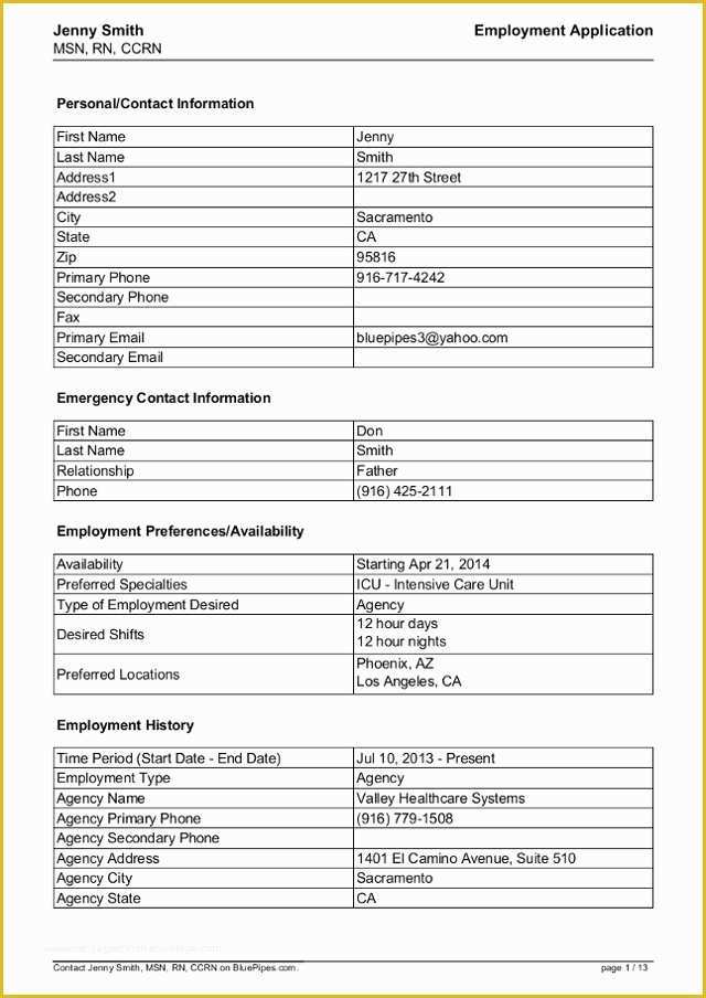 Free Employment Application Template California Of Sample Travel Nursing Job Application Bluepipes Blog