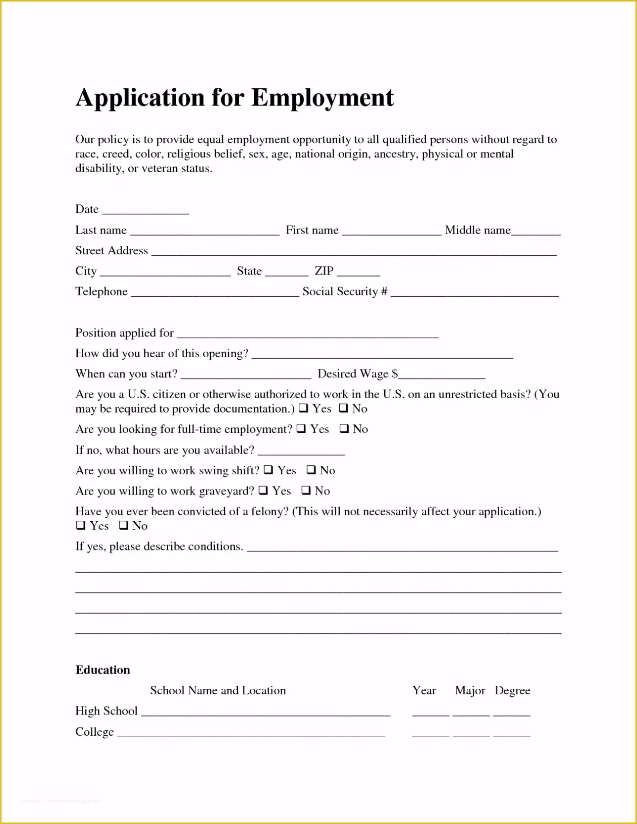 Free Employment Application Template Word Of Free Employment Job Application form Template Sample