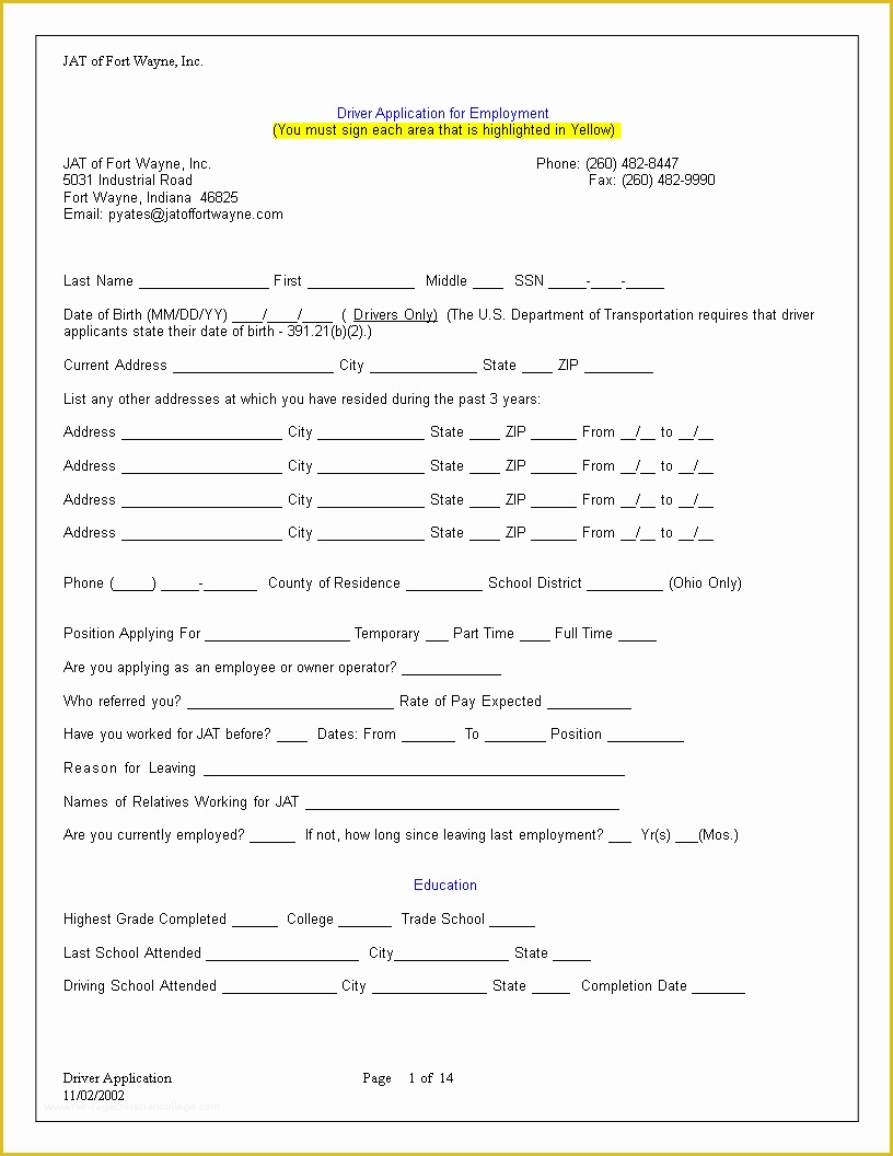 Free Employment Application Template Word Of Free Truck Driver Employment Application Word