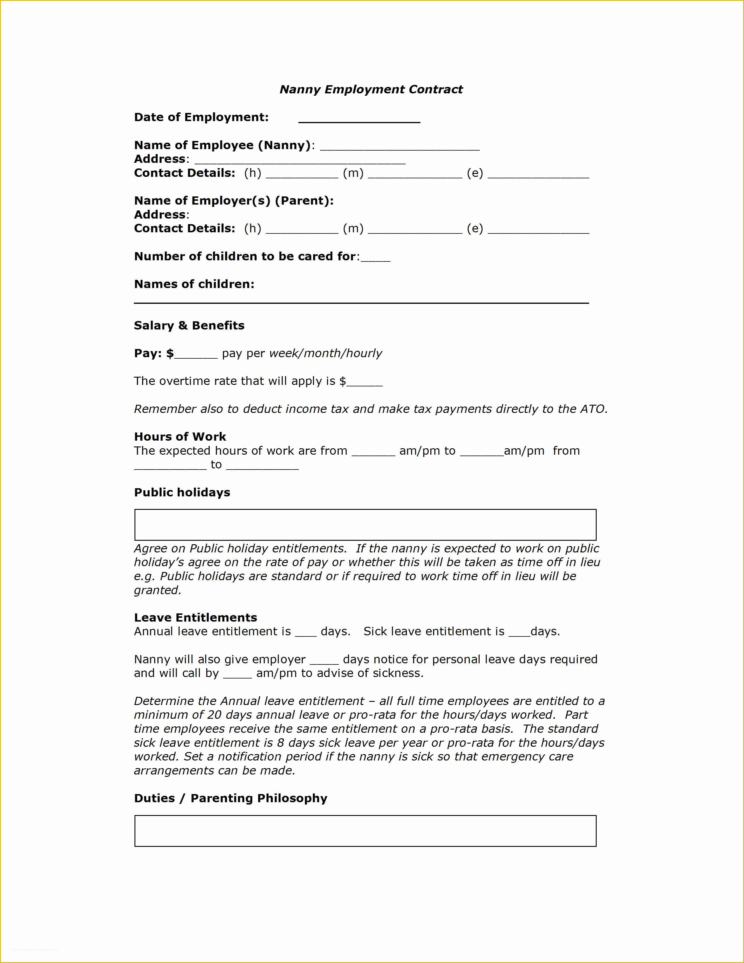Free Employment Contract Template Word Of Nanny Contract Template