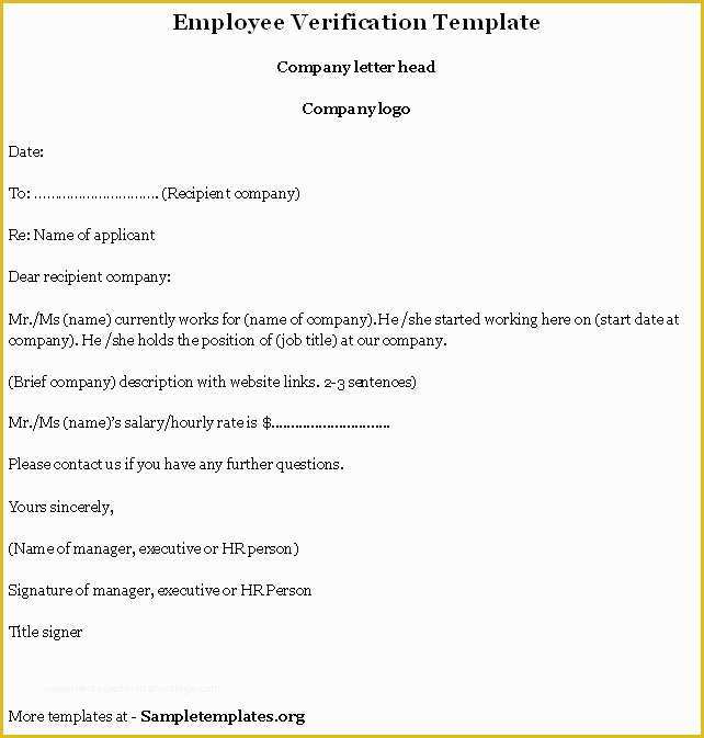 Free Employment Verification Letter Template Of Employee Template for Verification Example Of Employee