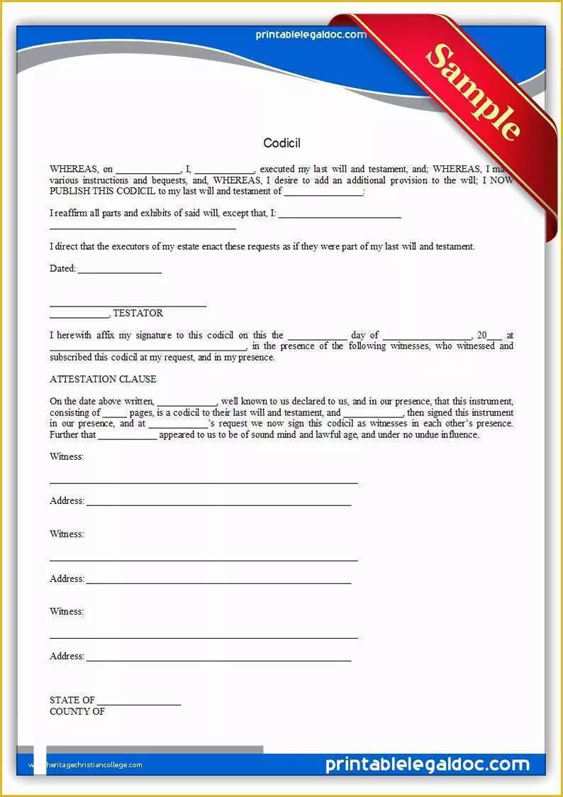 Free Estate Will Template Of Free Printable Codicil form Generic