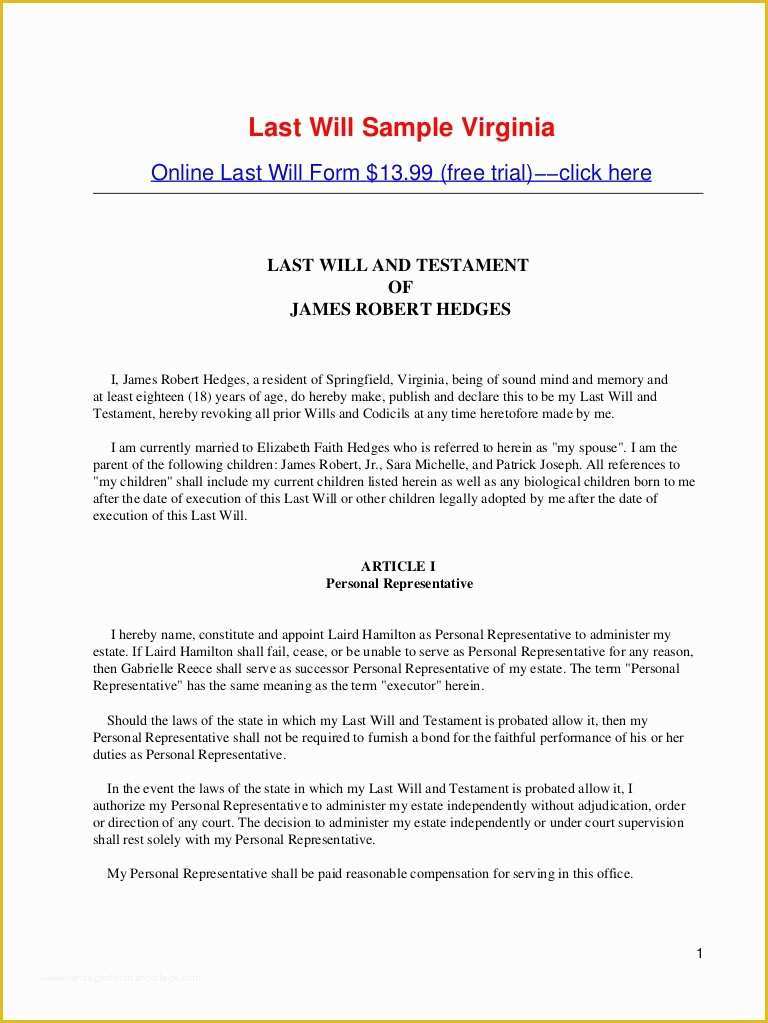 Free Estate Will Template Of Last Will Sample Virginia