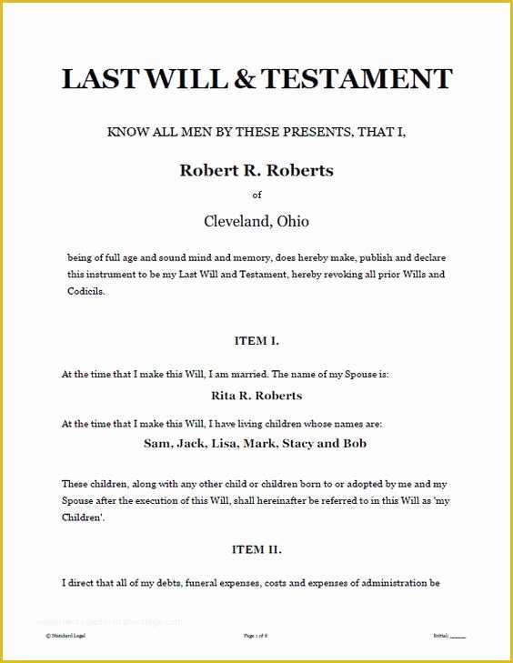 Free Estate Will Template Of Printable Sample Last Will and Testament Template form