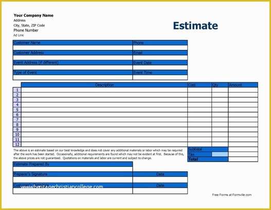 Free Estimate Template Pdf Of Free Basic event Estimate Wide From formville